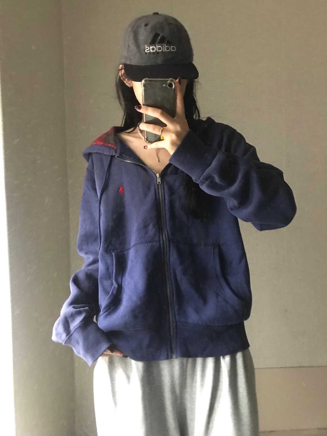 폴로 네이비 체크후드 후드집업 상품이미지2