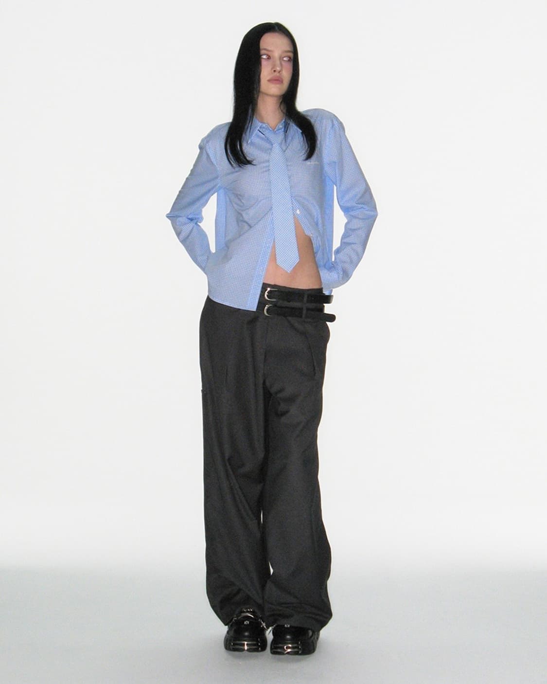 [베이비몬스터 아사 착용] 크랭크 깅엄 체크 셔츠 & 넥타이 세트_스카이 상품이미지2