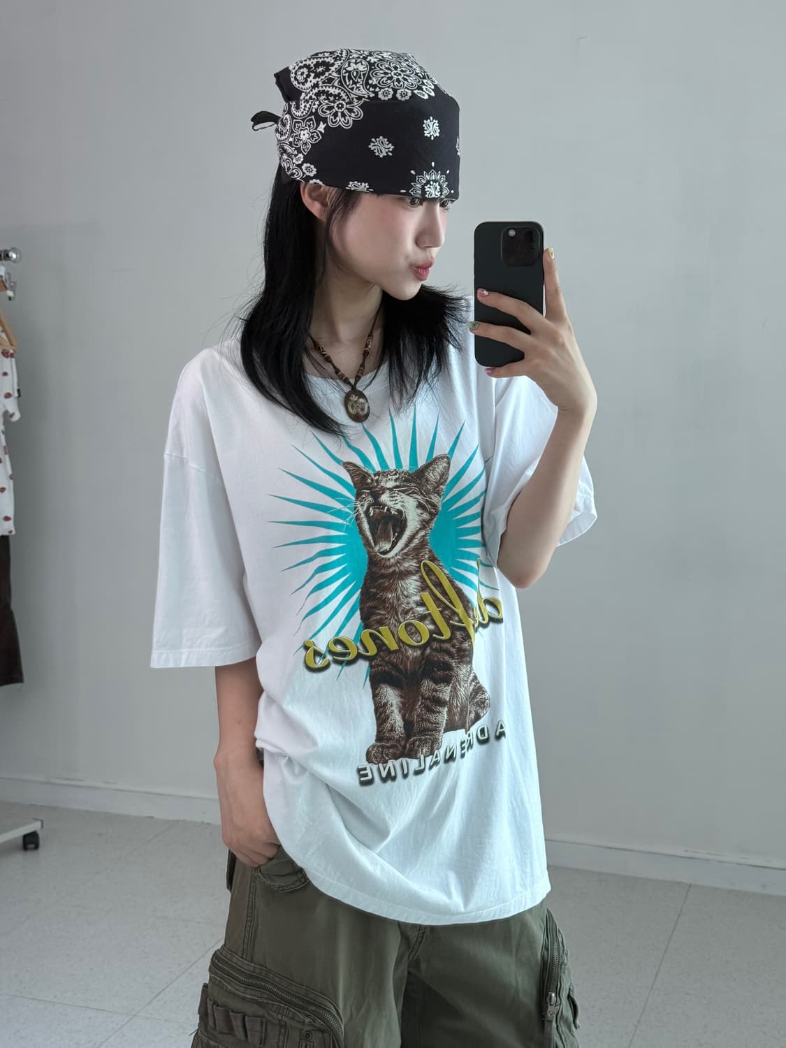 Yeah 캣 프린팅 락반팔티 상품이미지3