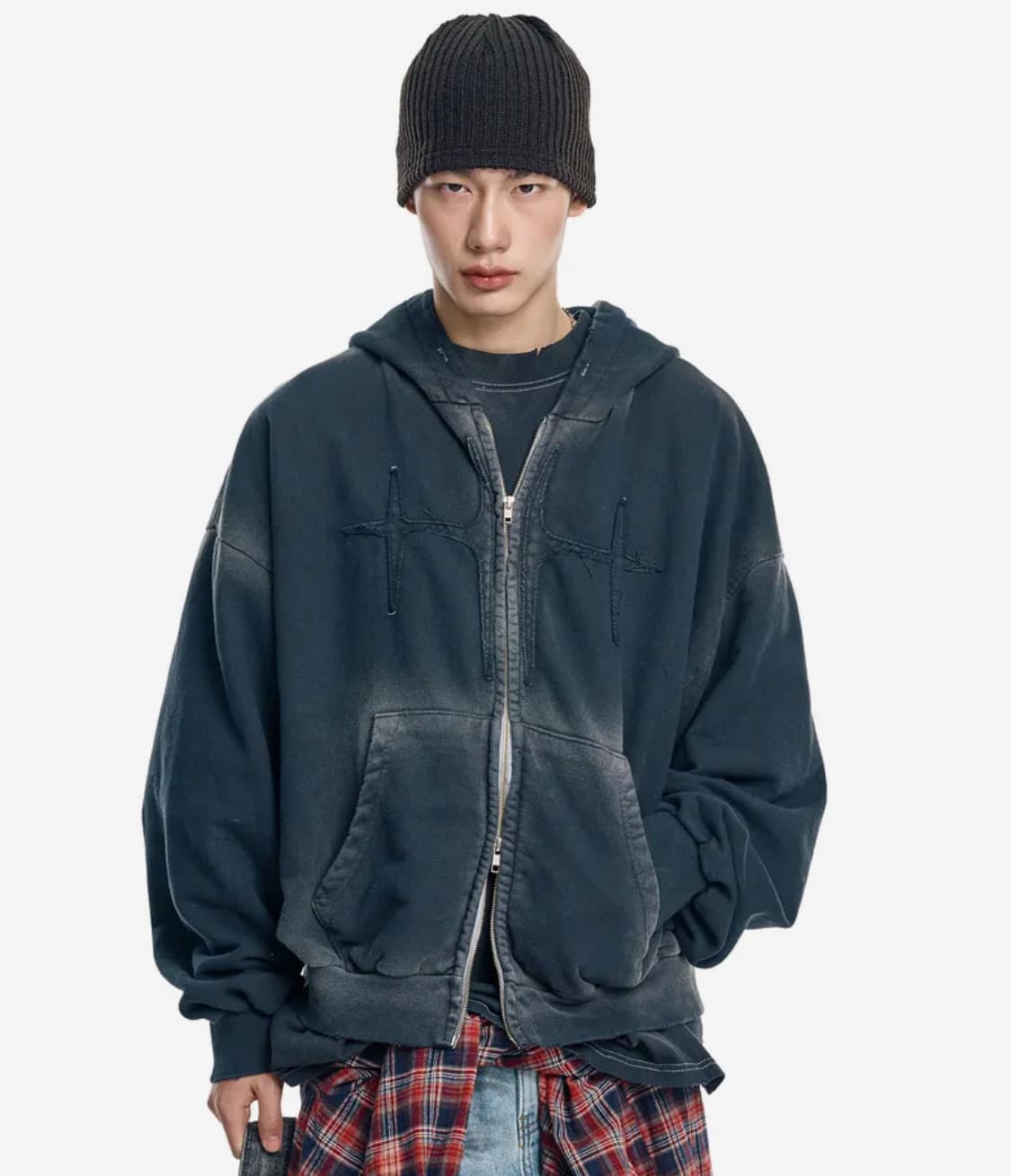 워시드 패치 오버핏 후드집업 블랙 상품이미지1