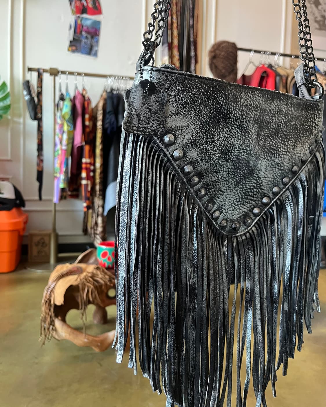 Real Leather Metallic Studed Fringe Bag 상품이미지5