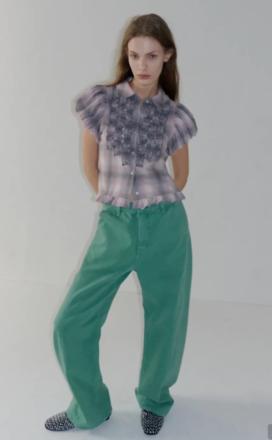 오버듀플레어 커브드 데님 팬츠_민트 상품이미지4