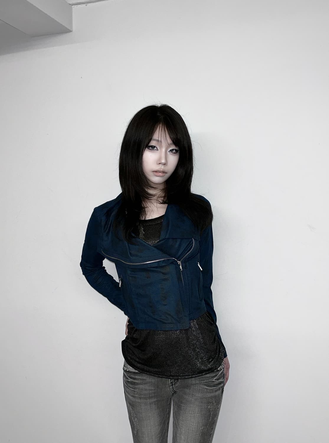 Spiral Girl 블루 블랙 하이넥 드레이프 자켓 상품이미지3