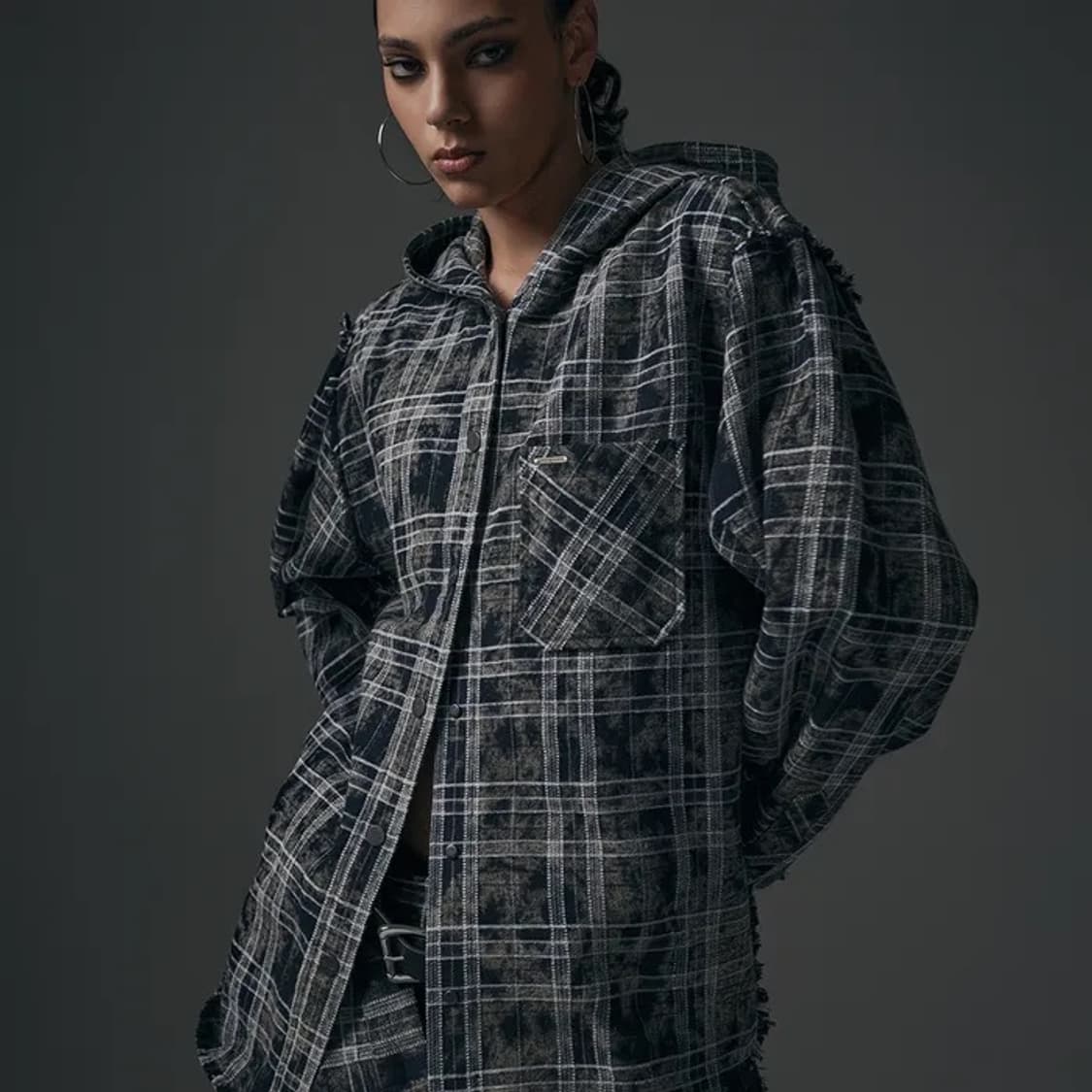 트리밍버드 체크 프린지 후드 셔츠 (블랙) 상품이미지1