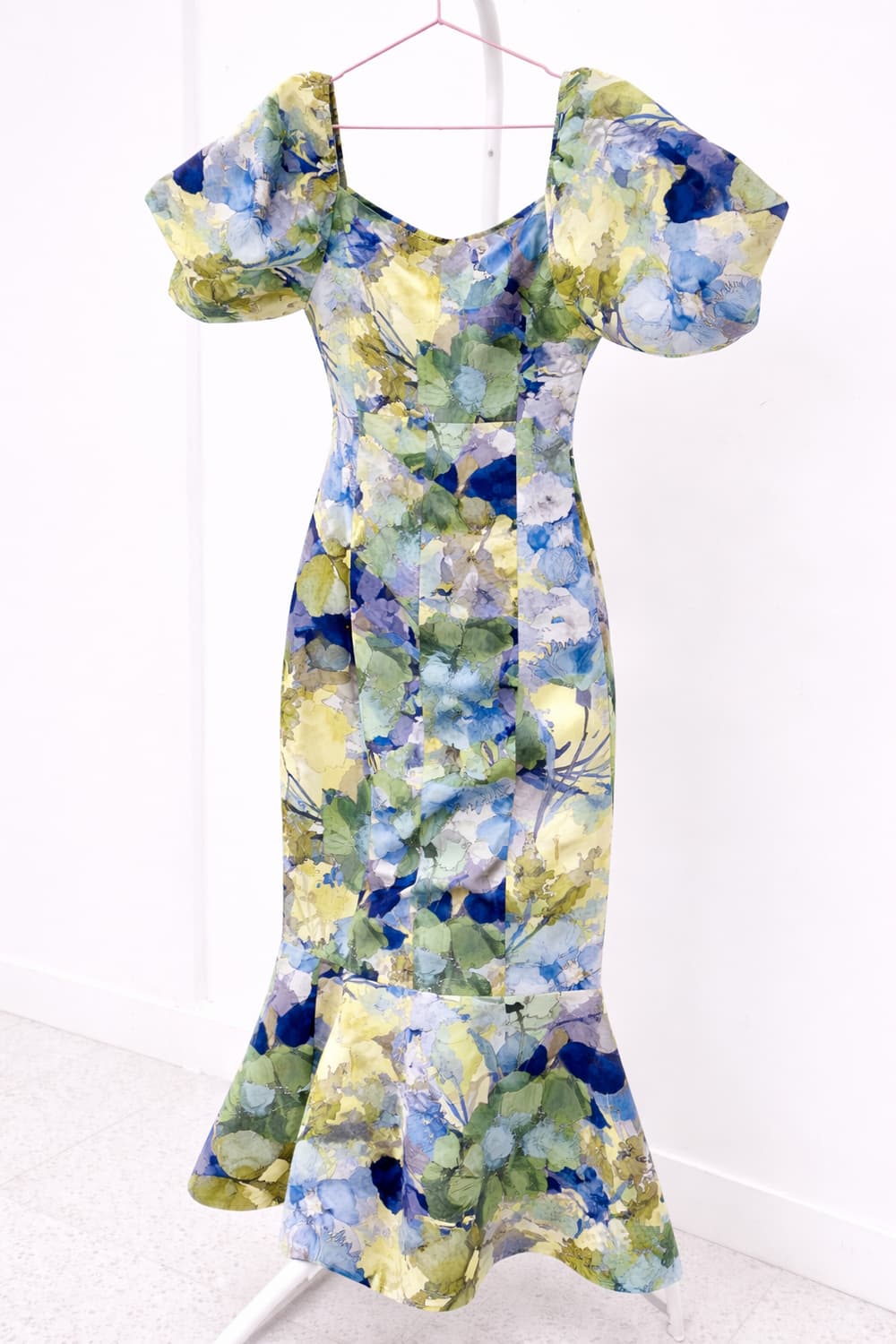 수입 고급 빈티지 보세의류 플라워패턴 퍼프소매 머메이드라인 원피스 상품이미지1