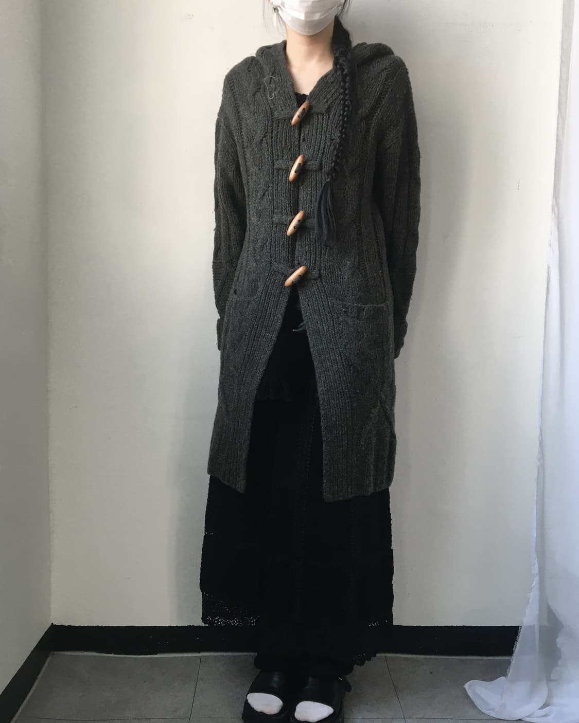 Duffle button cable pattern hood cardiga 상품이미지7