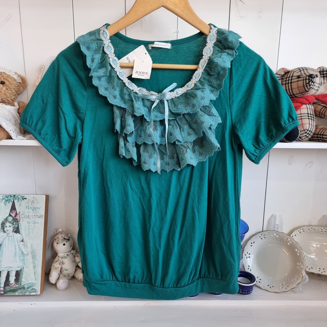 액시스팜므 레이스 프릴 반팔 티셔츠 그린 상품이미지2