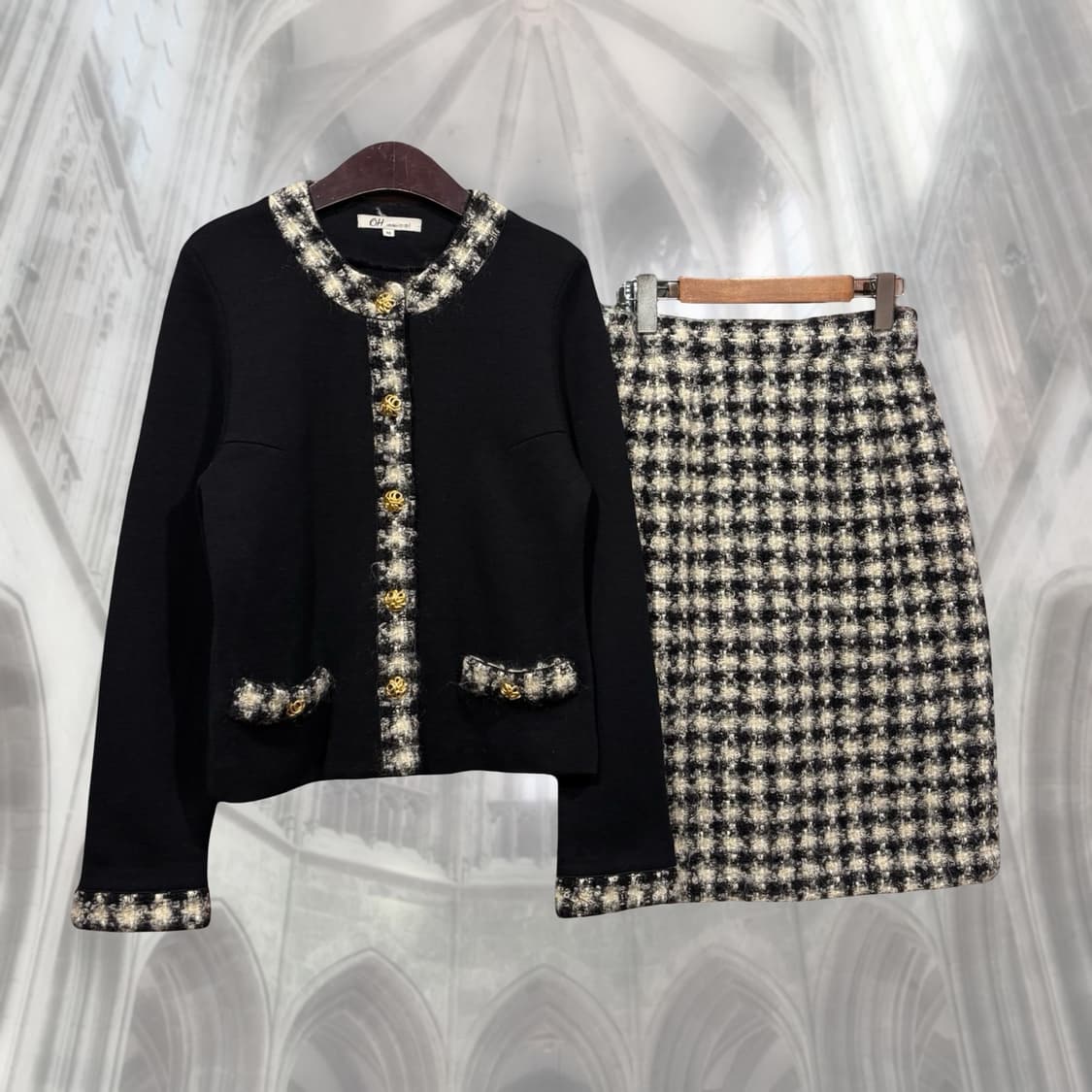 일본 빈티지 울100 클래식 금장 블랙 트위드 셋업 상품이미지1