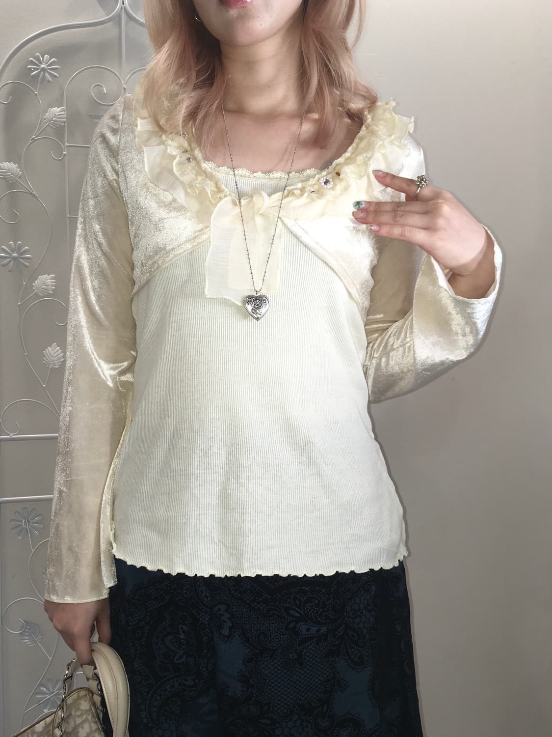 jpn vintage ivory velour lace beads bole 상품이미지3