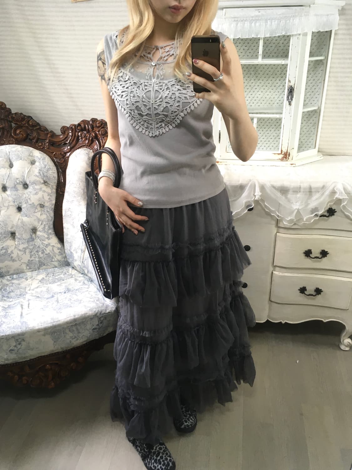 일본빈티지 뮤트 그레이 레이스 슬리브리스 상품이미지4