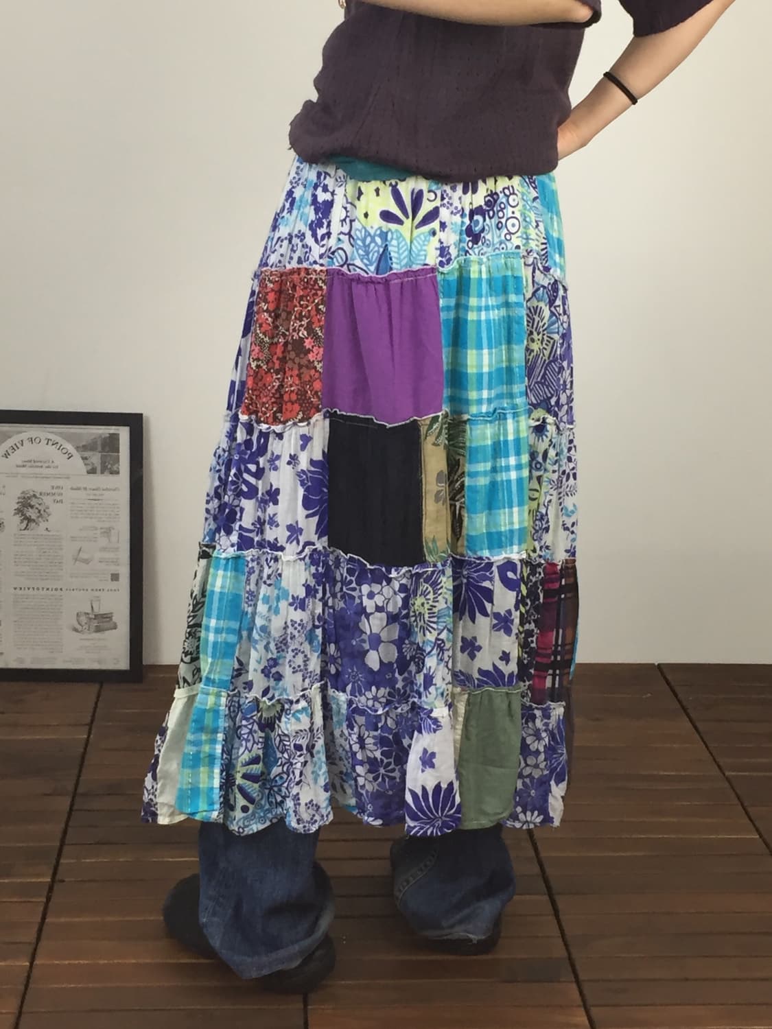 Jpn Blue Floral Patchwork Tiered Skirt 상품이미지2
