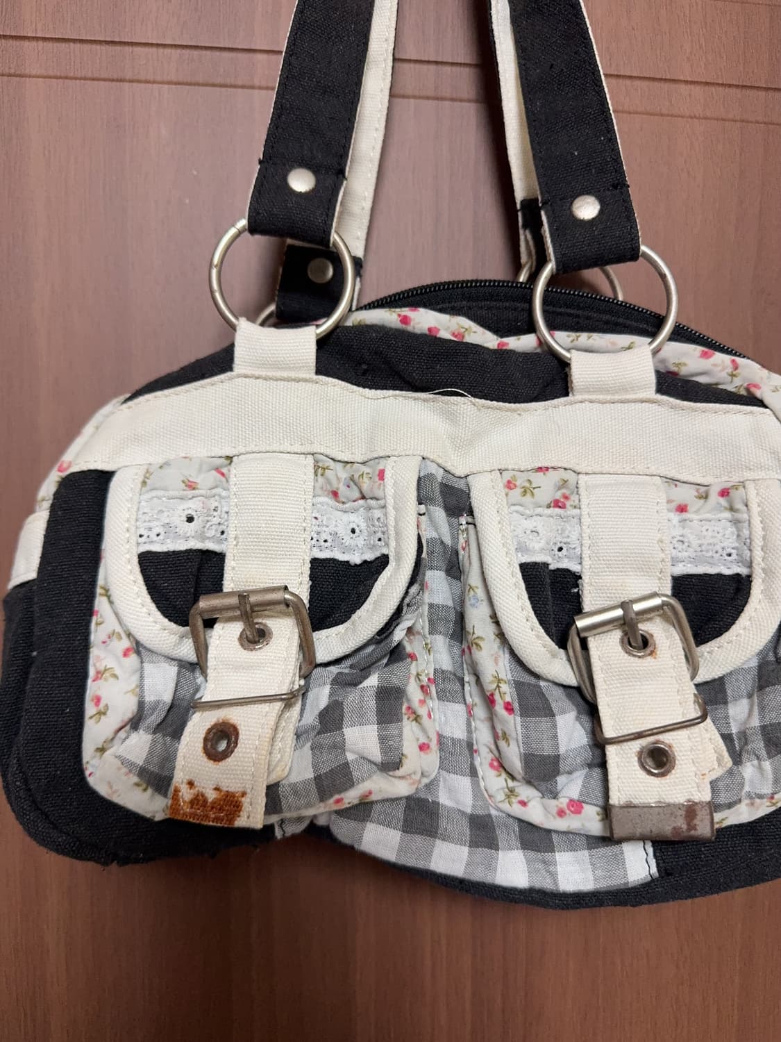 일본 빈티지 모리걸 핸드메이드 체크 플라워 핸드백 토트백 모리 가방 상품이미지3