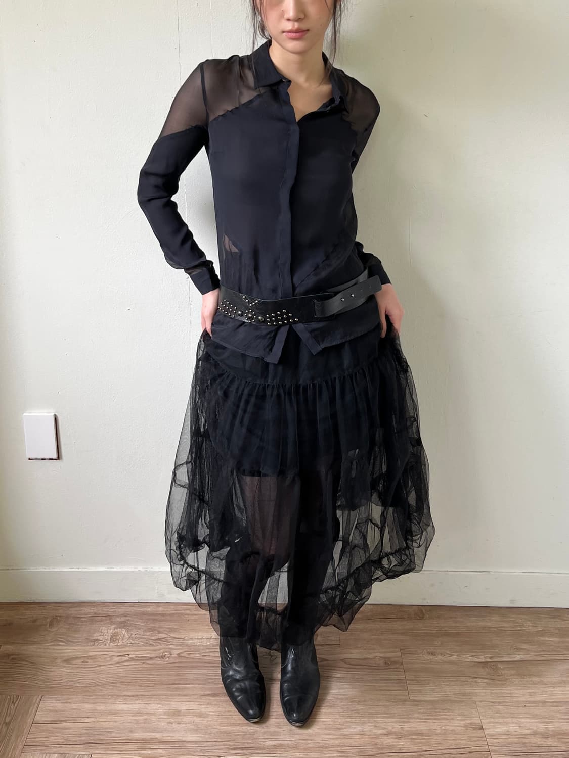 earth music 블랙 시스루 스커트 상품이미지3