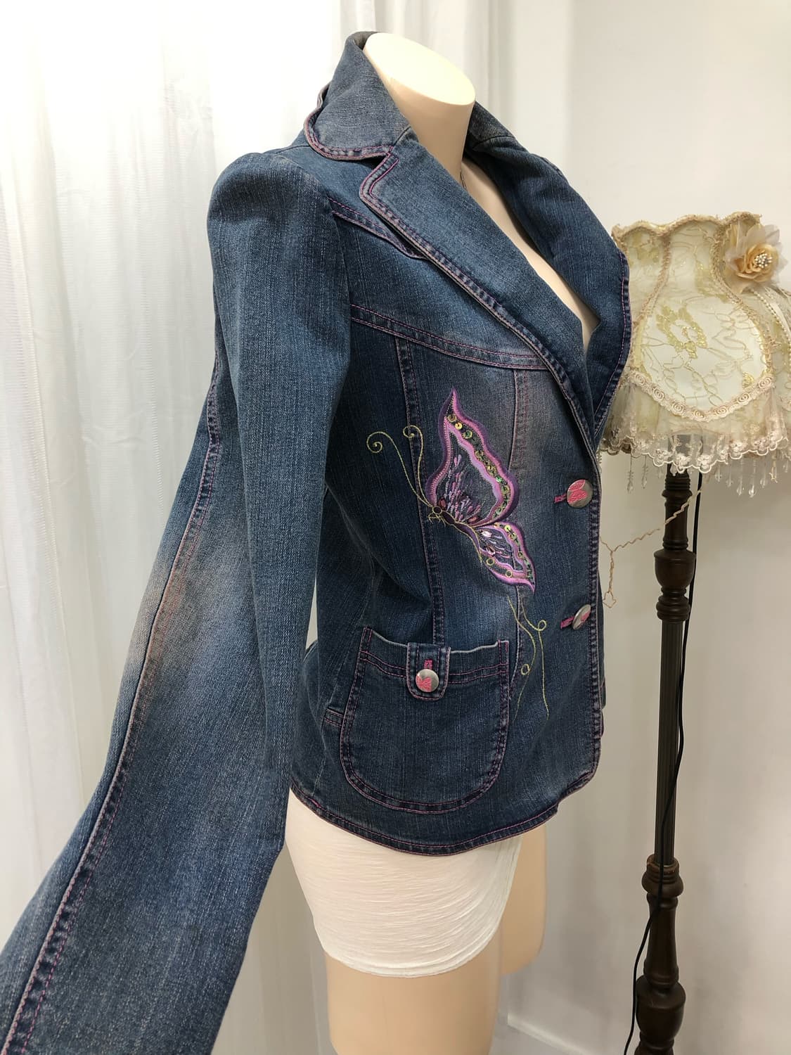 pink stitch butterfly denim jackek 상품이미지2