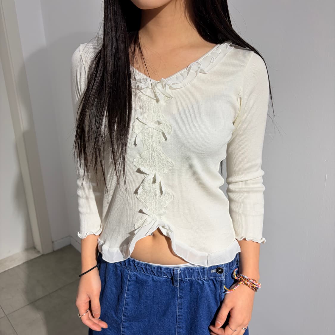 Prima 셔링 리본 레이스 티셔츠 상품이미지1