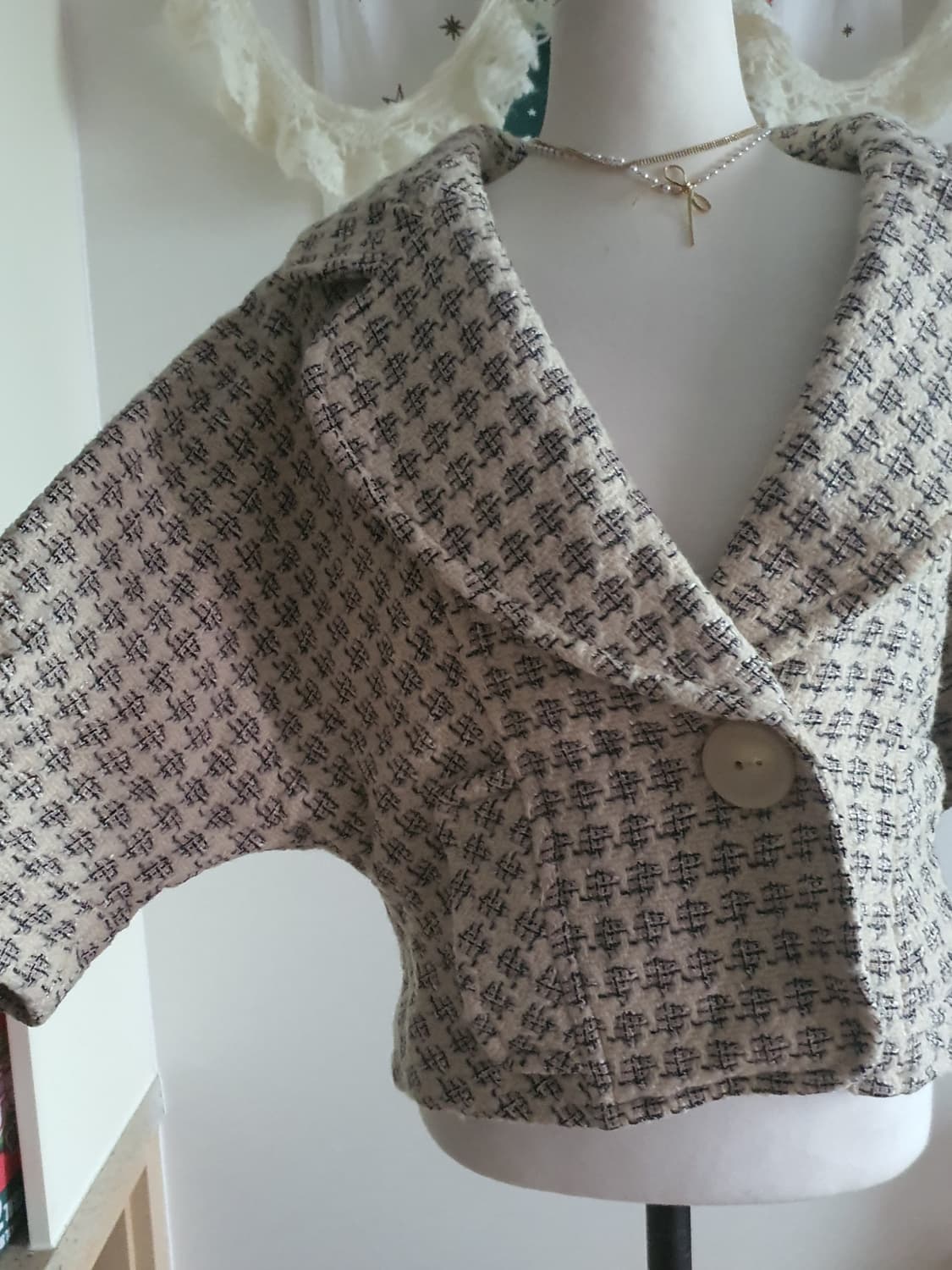 [빈티지] 양모 체크무늬 반팔 트위드 코트 상품이미지4