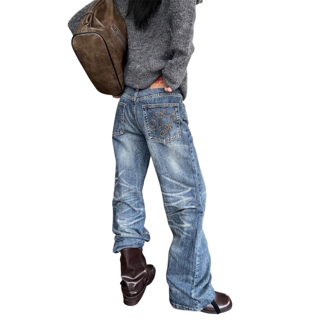 핸드메이드 빈티지 크림워싱 그릴드데미지 자수 데님팬츠  상품이미지8