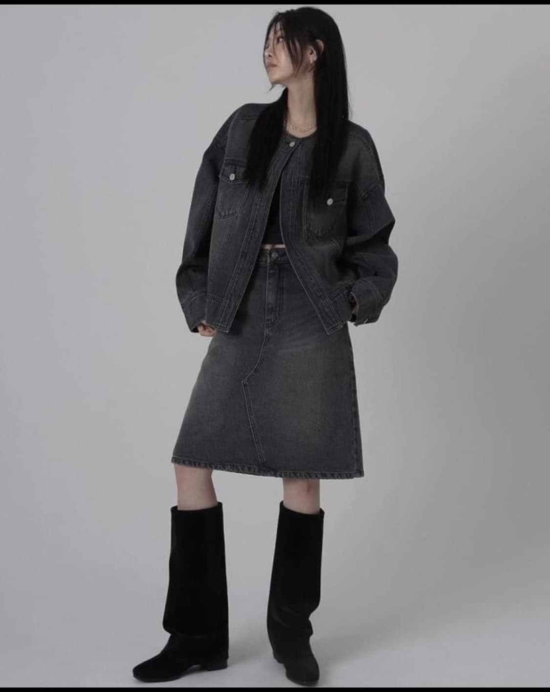 (풀세트)트리밍버드 원버튼 데님 셋업 흑청 세트(구버전) 상품이미지1