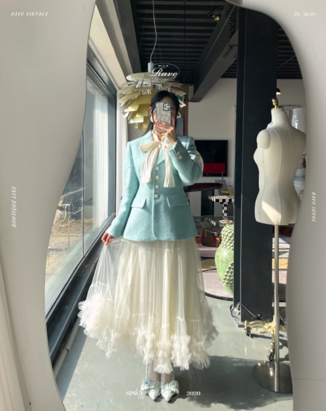 (새상품) 라보빈티지 하늘색 민트 트위드 셋업 투피스 상품이미지5