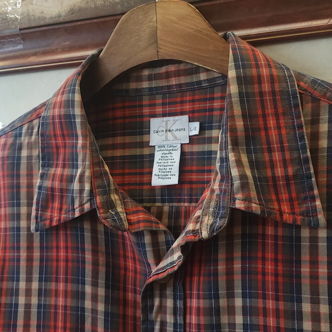 90s 켈빈클라인 플란넬 체크셔츠 체스트 포켓 워크셔츠 L 상품이미지6