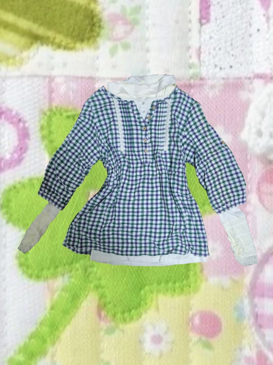 빈티지 모리걸 아오이유우 체크 패턴 블라우스 셔츠 목폴라 세트 레이스 상품이미지1