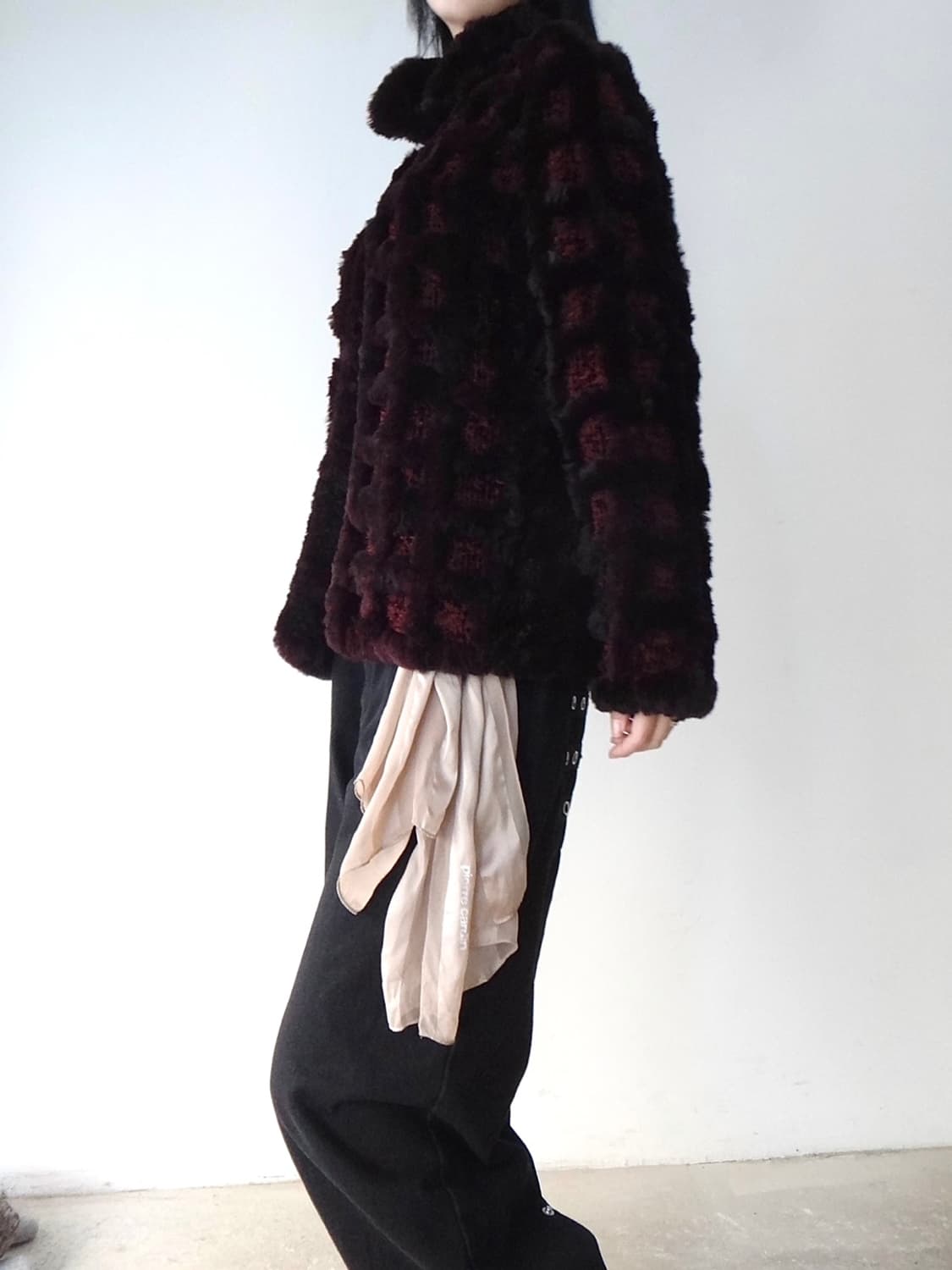 Grid fur mix jacket / burgundy 상품이미지6