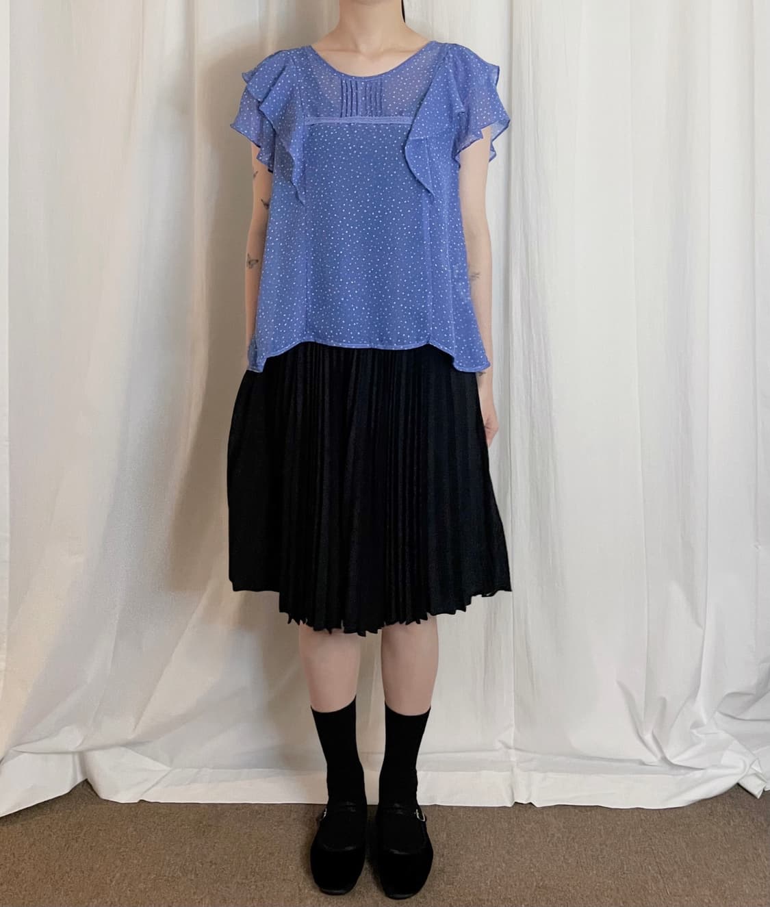 Dot Ruffle Sheer Blouse - Blue 상품이미지4