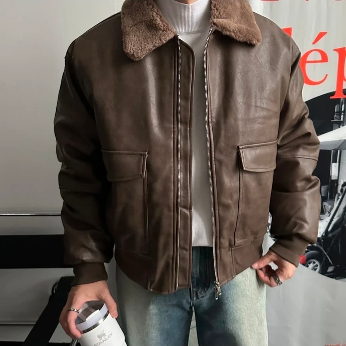 남77 무스탕 에코 양털 카라 레더 자켓 상품이미지1