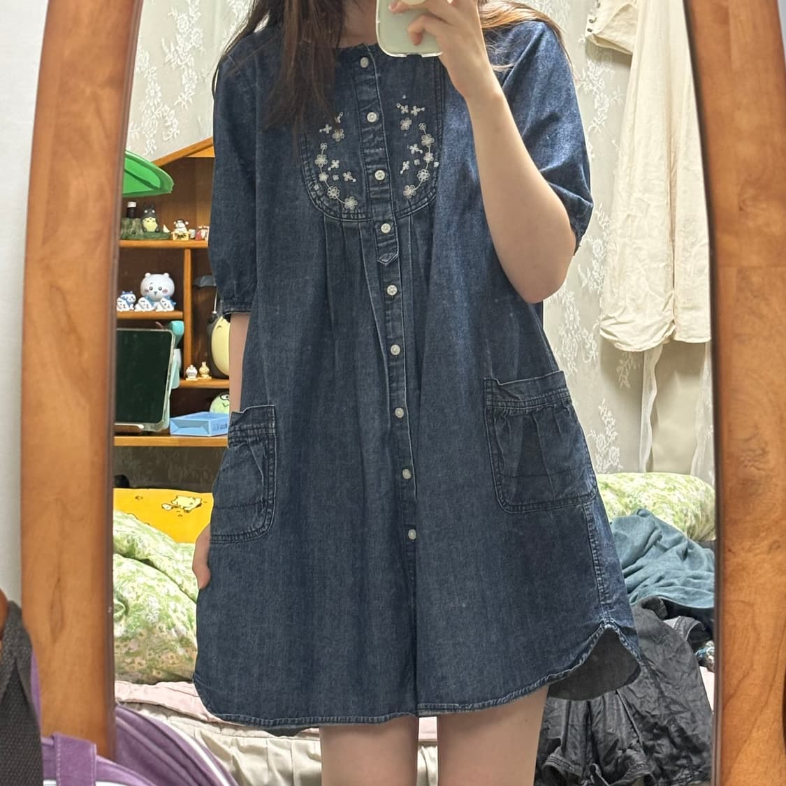 일본 빈티지 모리걸 스즈코 데님 미니 원피스 하구미 카모메산장 마루 카메 상품이미지1