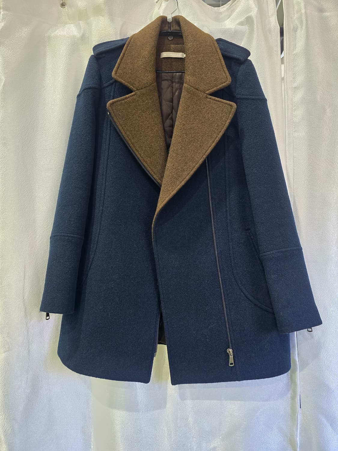 스테파넬 네이비 브라운 배색 모직 코트 S 상품이미지8