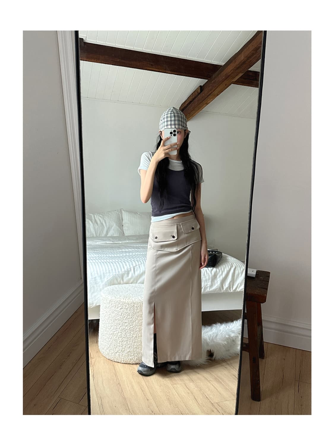 새상품) 포켓 레이어드 롱 스커트 베이지 상품이미지5