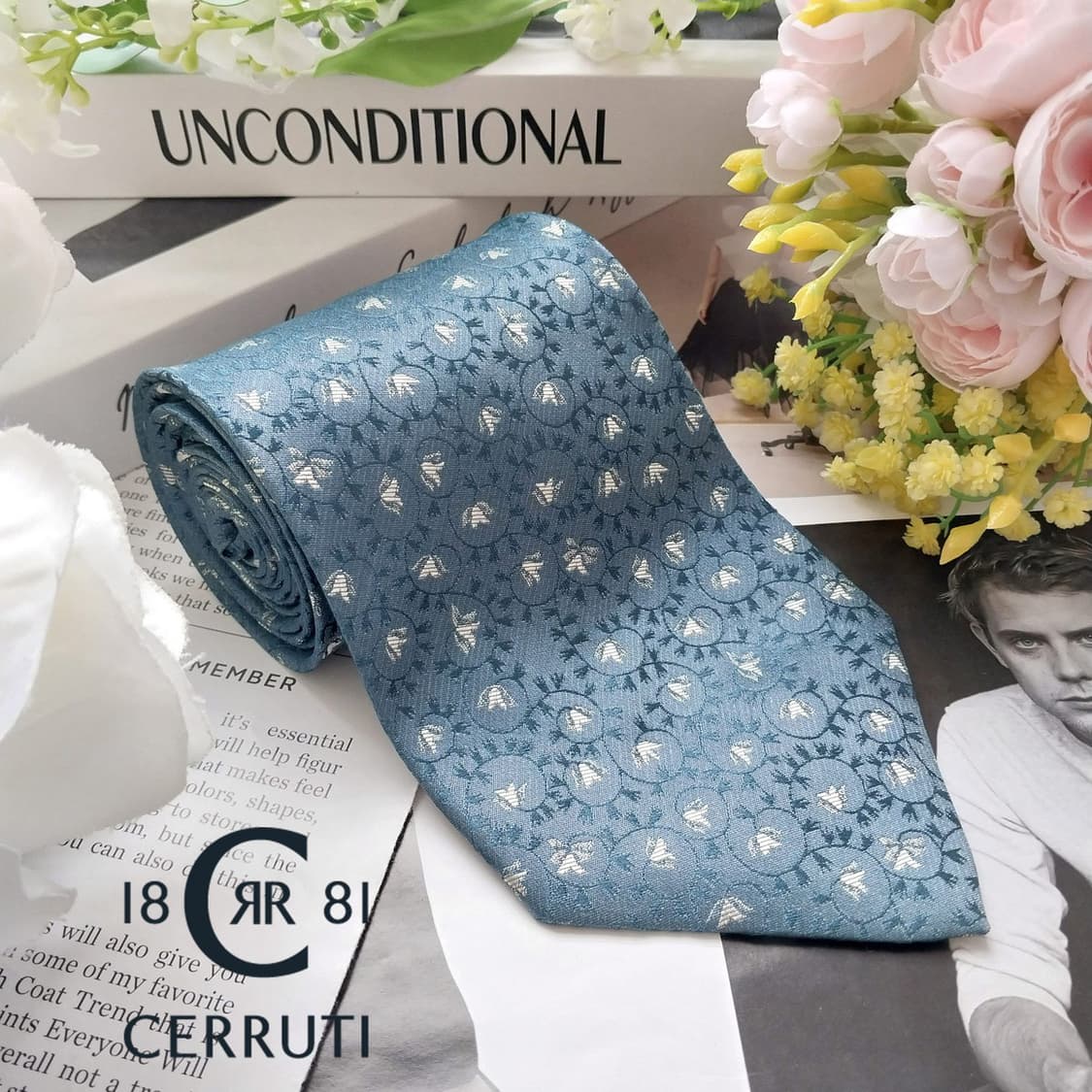 니노 세루티 실크 블루 플라워 패턴 넥타이 9.6cm A+등급 K2495 상품이미지2