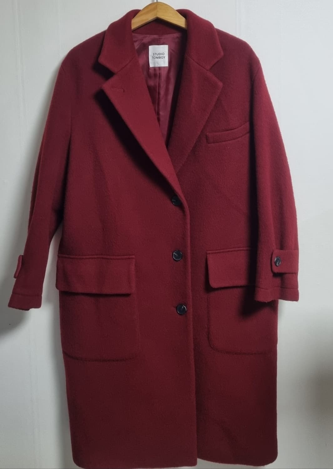 실측 오버핏 L (77) 스튜디오톰보이 다크레드 울/캐시미어 코트 상품이미지1