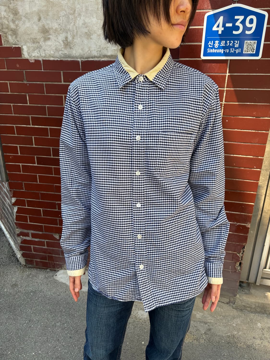 Beams 카라 배색 포인트 체크 코튼 셔츠 L 상품이미지2