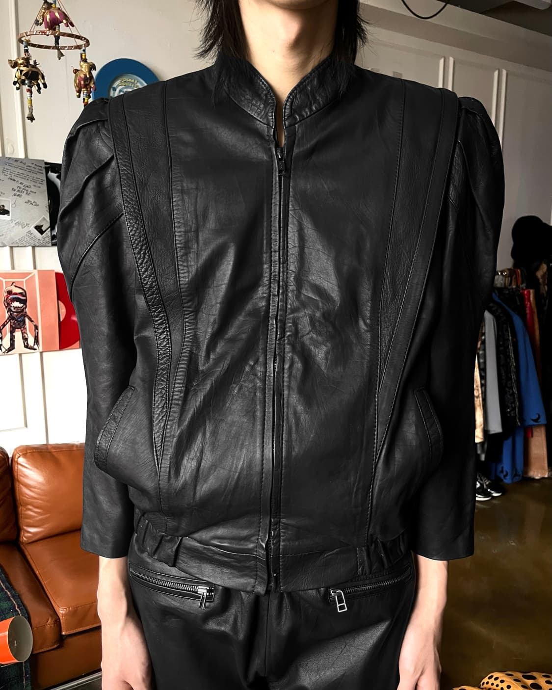 1980-90s Power Shoulder Leather Jacket 상품이미지2