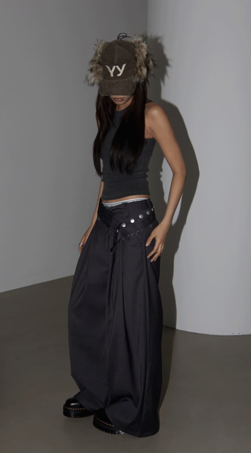 런츠 벨트 메가 와이드팬츠 차콜 상품이미지1