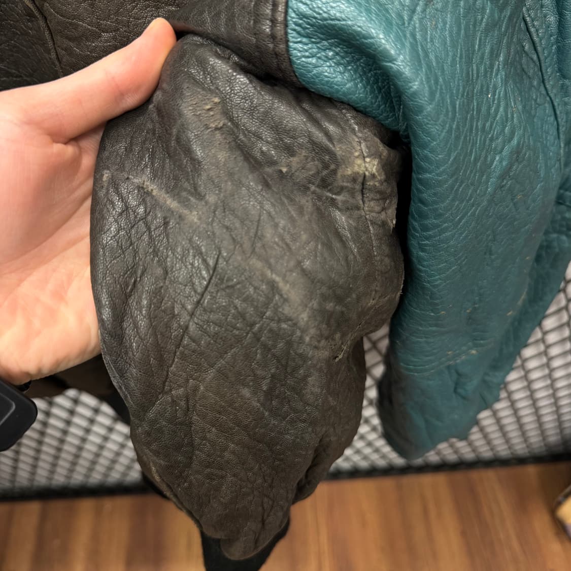 USA VINTAGE 빈티지 레더 플라이트 자켓 소매 청록 배색 브라운 상품이미지9