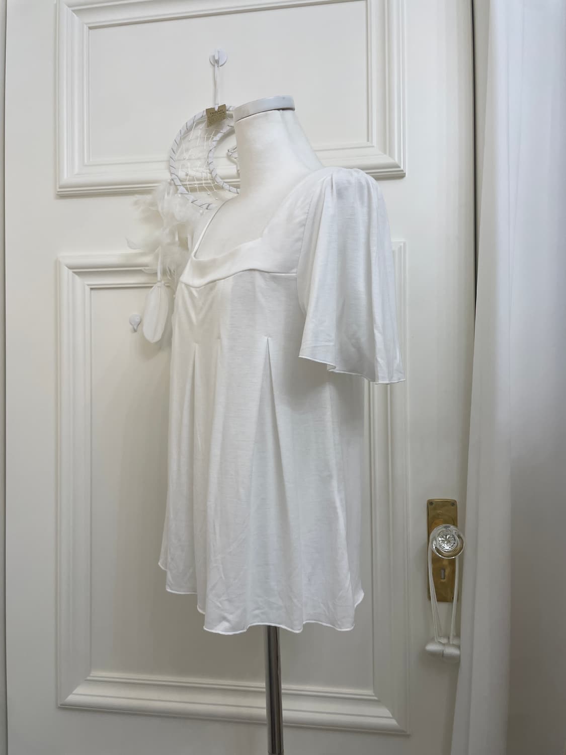 white cotton square-neck pleats top 상품이미지2