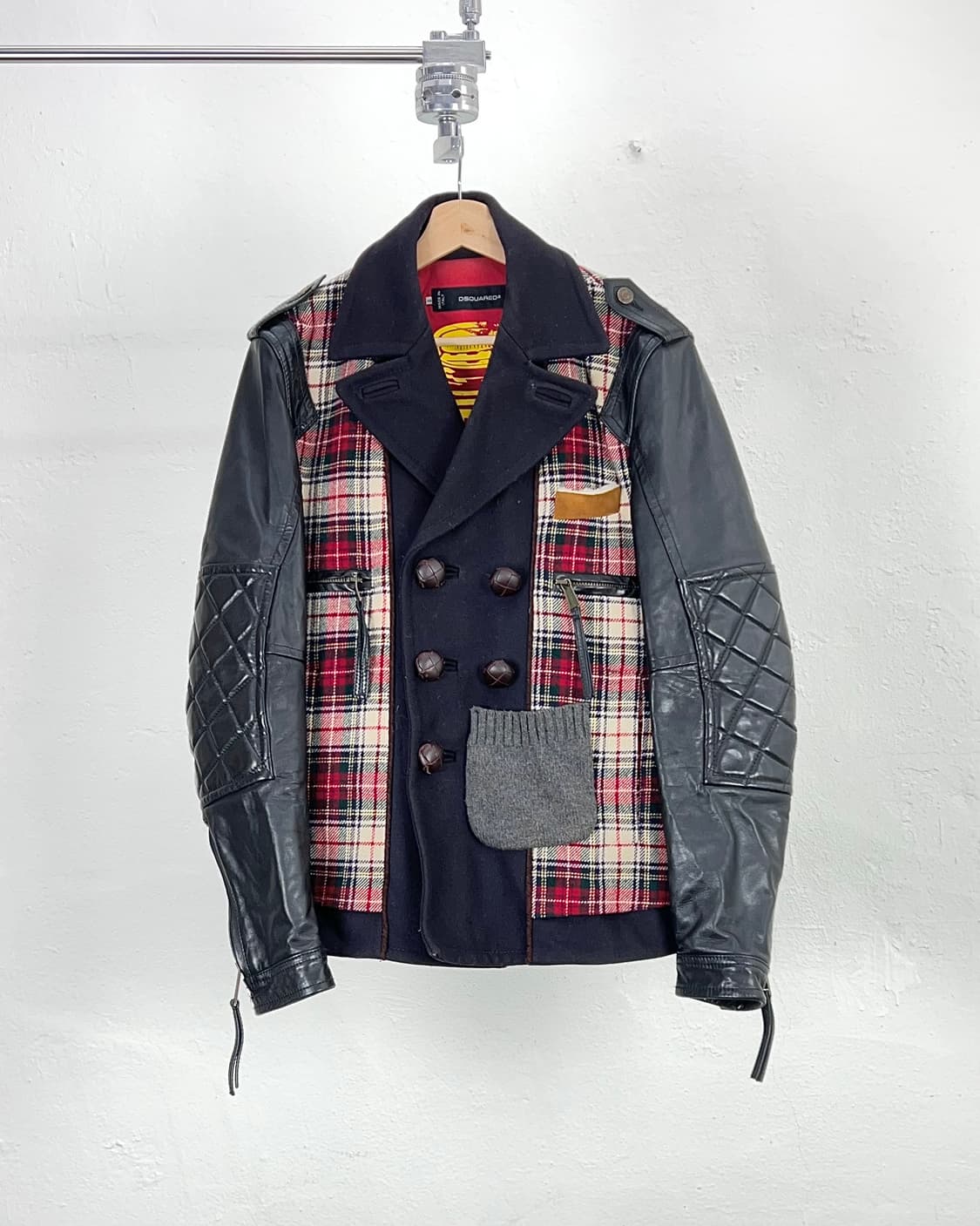 디스퀘어드2 패치드 체크 레더 울 더블 코트 자켓 상품이미지1