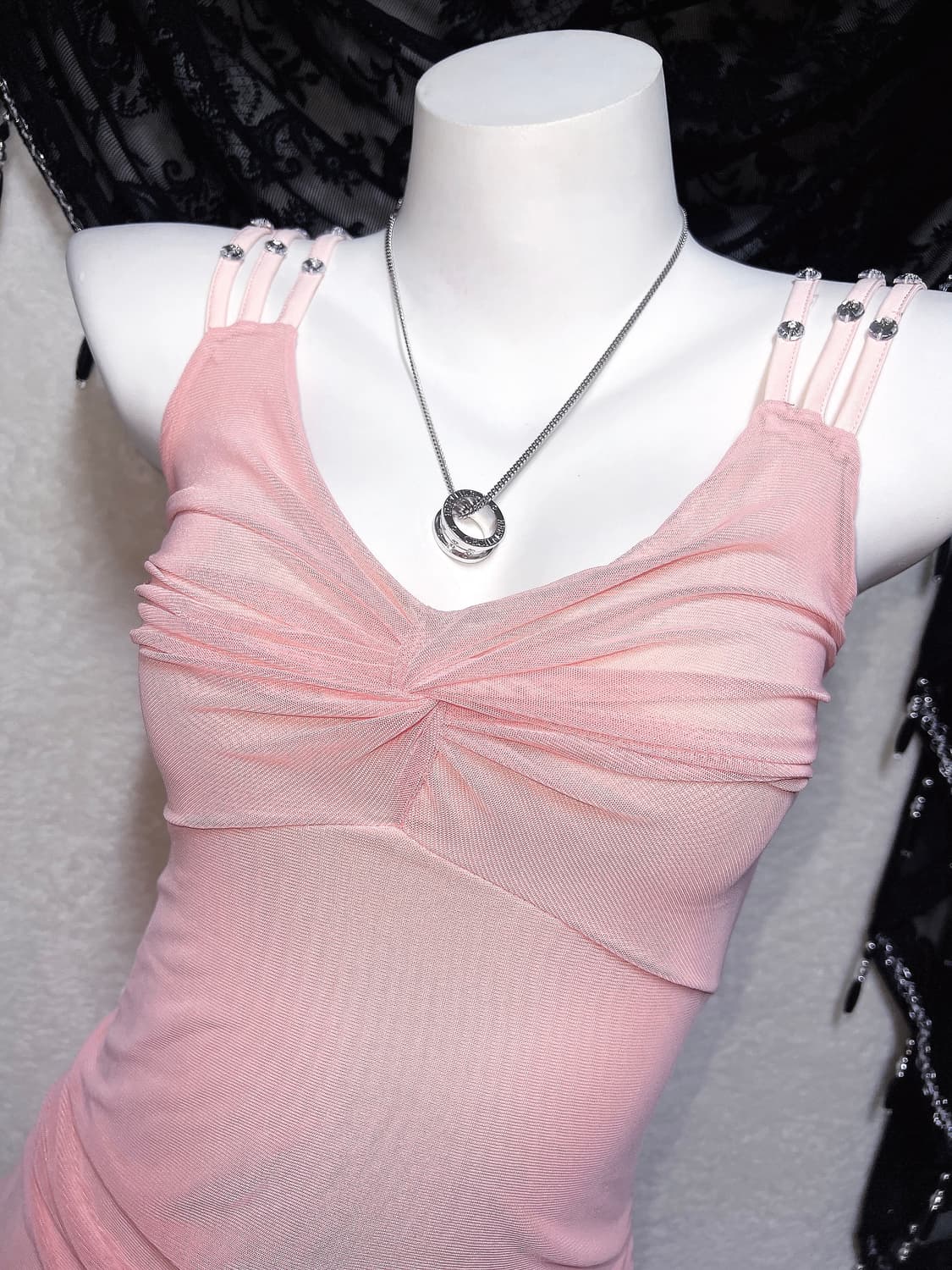 히메갸루 로맨틱 로걀 핑크 셔링 비즈 미니원피스 섹시 러블리 슬립 핀터깔 상품이미지6