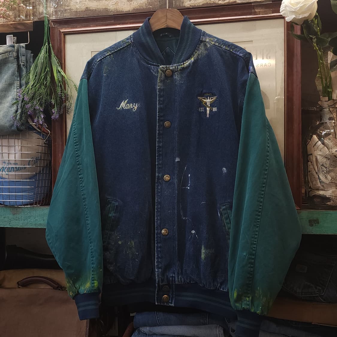 90s 빈티지 데님 바시티 자켓 엠브로이더리 페인팅 m 상품이미지2