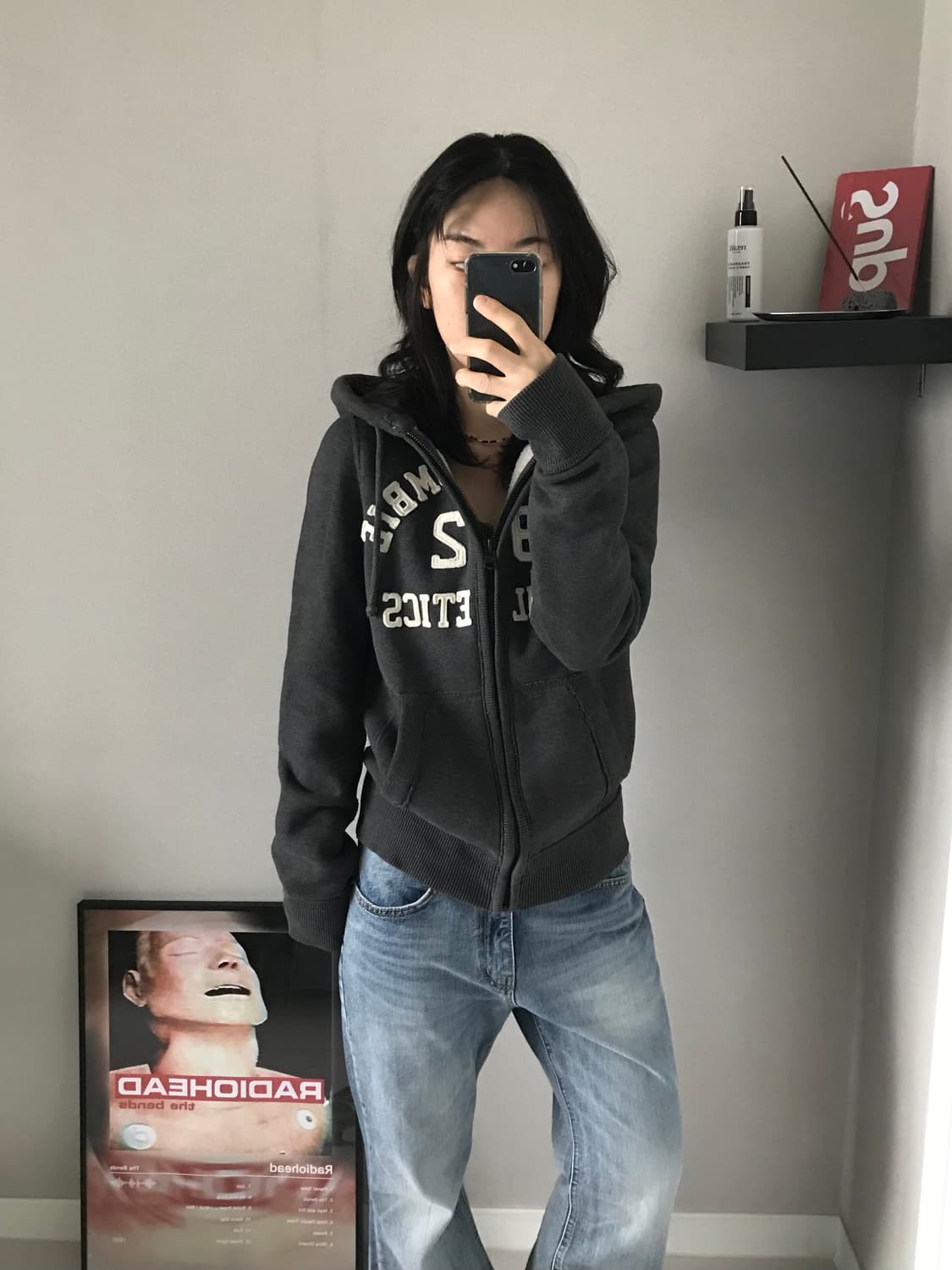 아베크롬비 중앙 자수 로고 차콜 후드집업 상품이미지2