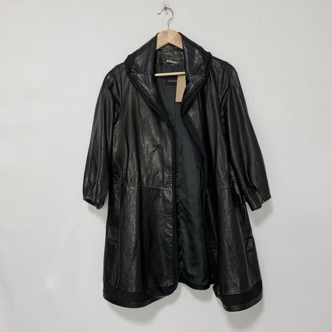 빈티지 블랙 리얼레더 후드st 집업 배색 롱 양가죽자켓 남녀공용 하프코트 상품이미지3