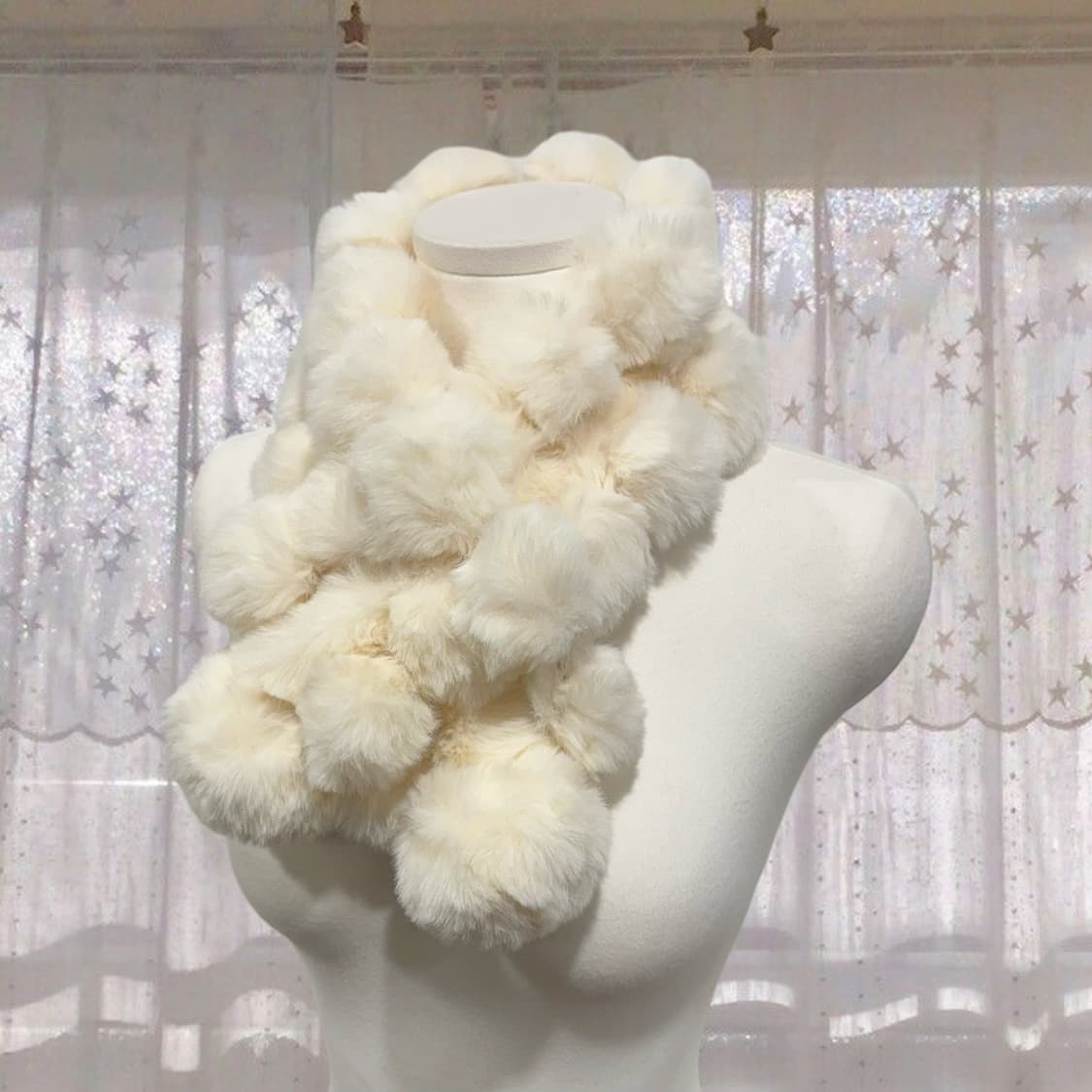 (미사용품) 일본 빈티지 러블리 아이보리 방울 퍼 목도리 갸루 양산형 상품이미지2