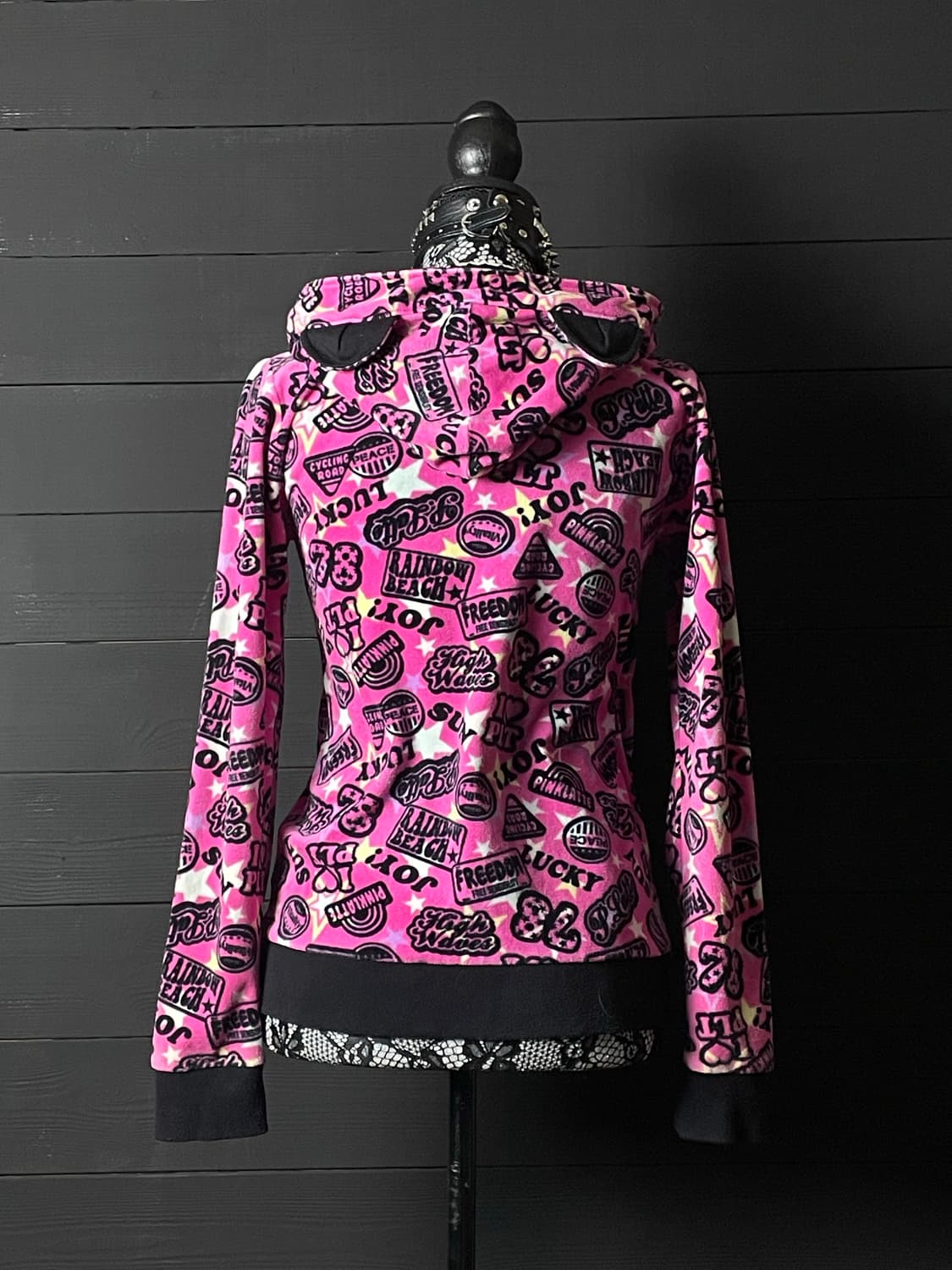 JPN 갸루 펑크 핑크 스타 별 패턴 레터링 쿠마 곰 후드집업 상품이미지3