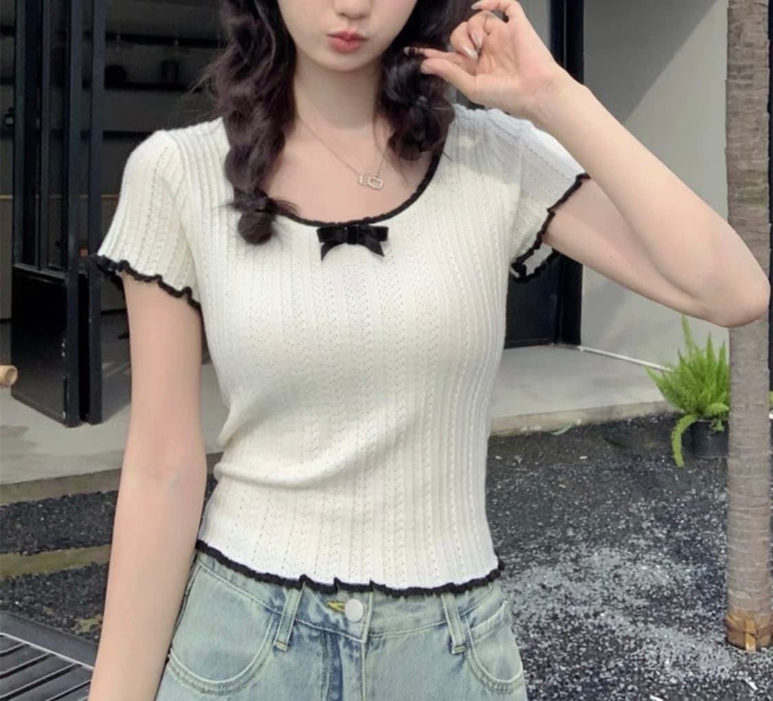 배색 리본 니트티 상품이미지3