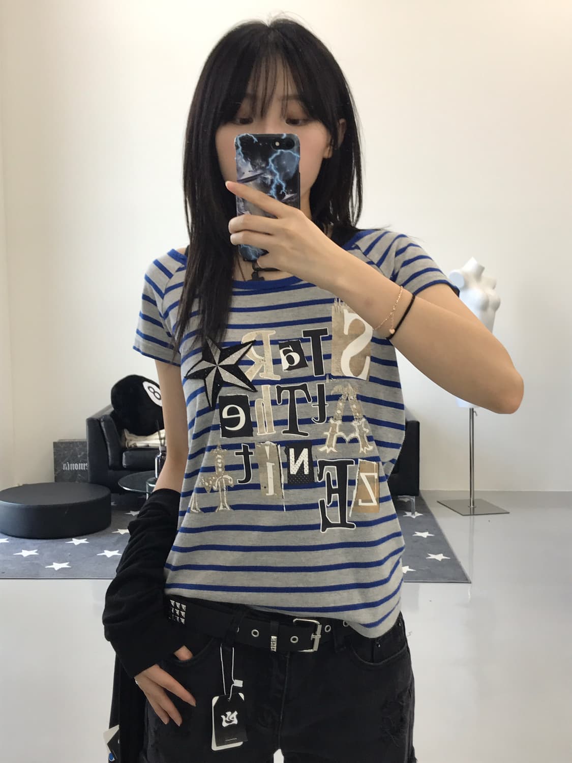 Pink-latte Y2k star striped t-shirts 상품이미지1