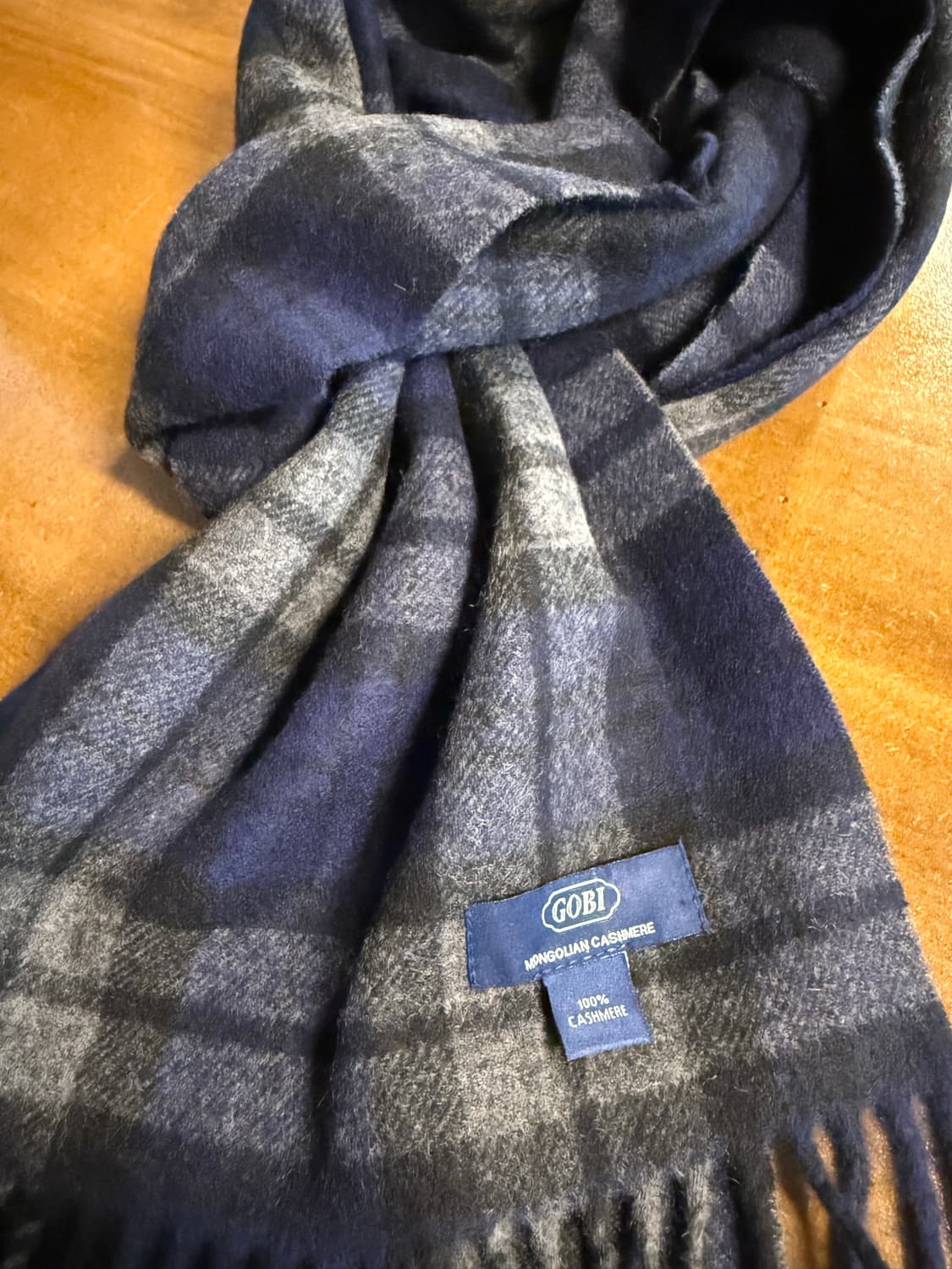 FREE 고비 GOBI 몽골리안 캐시미어 체크 프린지 머플러 네이비 상품이미지1
