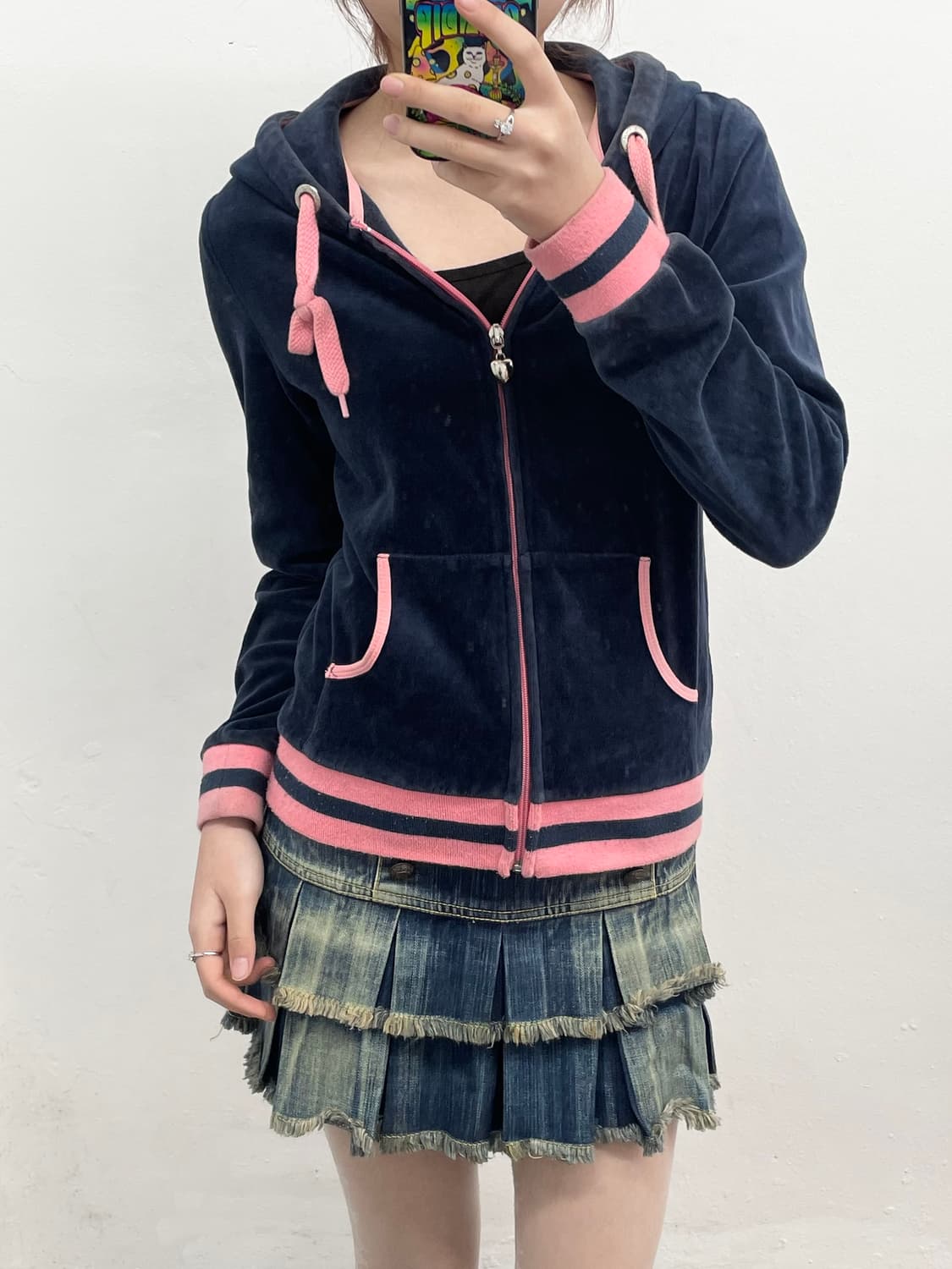 네이비 벨벳 핑크 하트 집업 상품이미지2