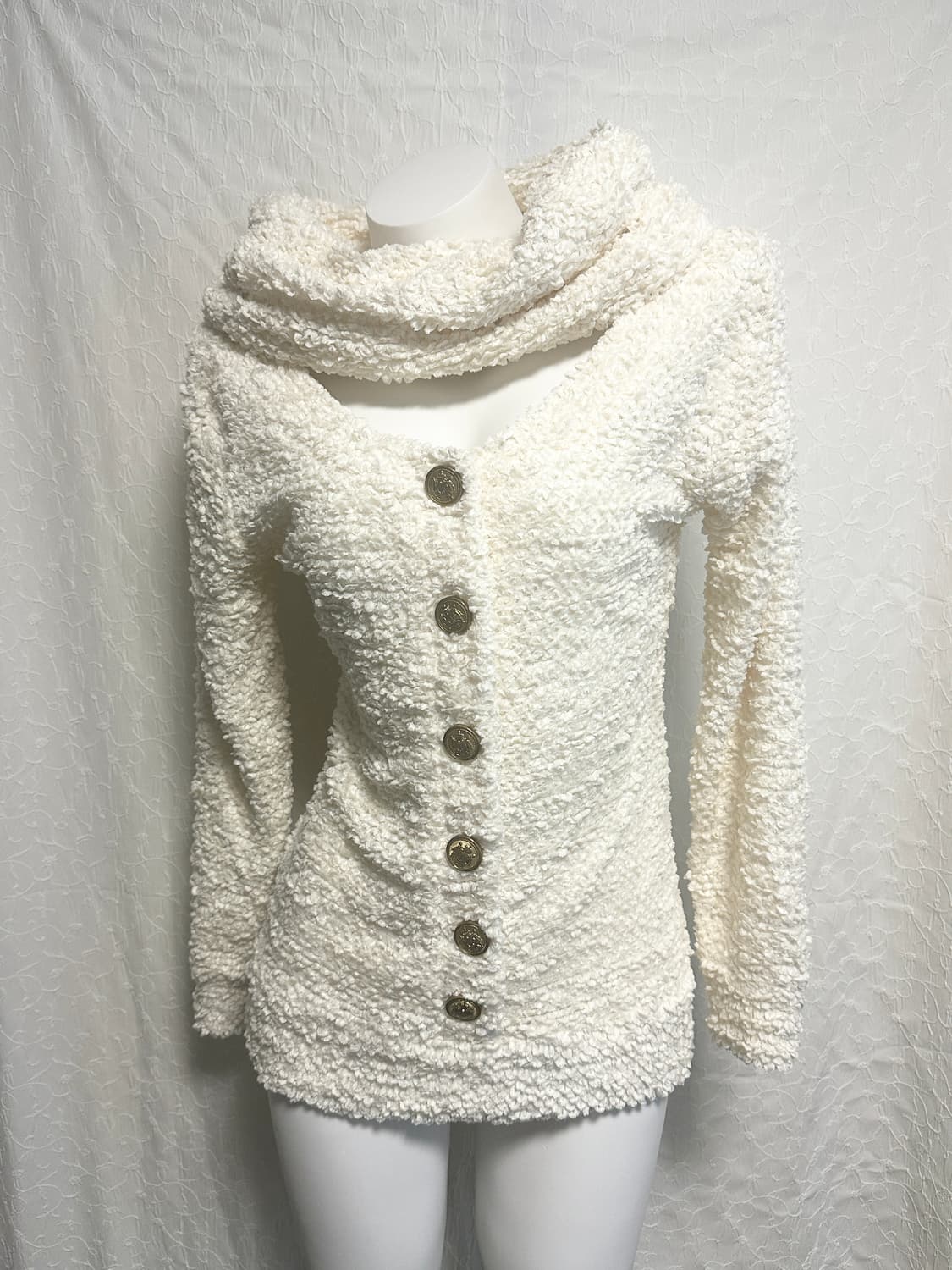 빈티지 갸루 금장 부클 니트 하이넥 오프숄더 원피스 탑 상품이미지3